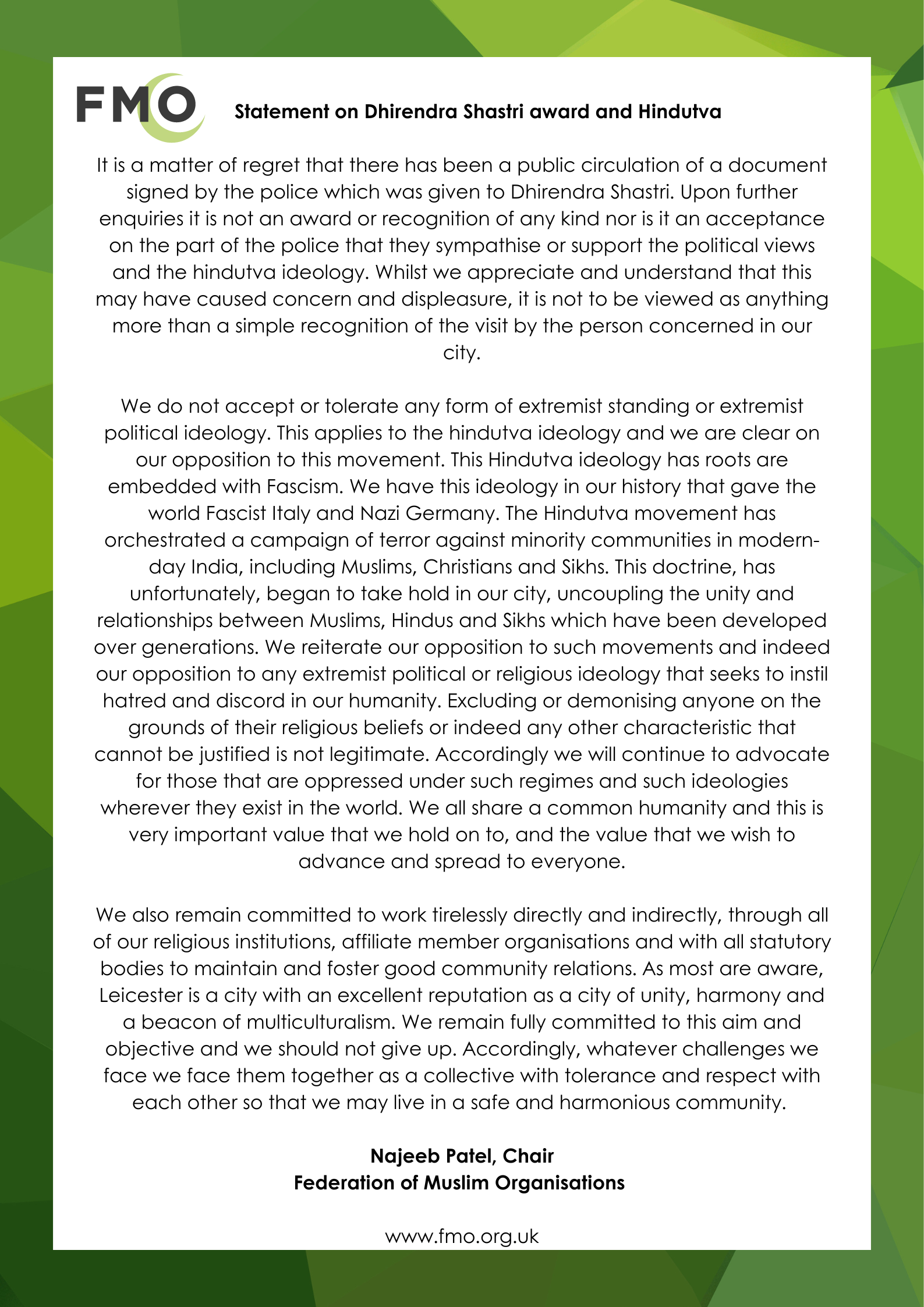 Statement on Dhirendra Shastri award and Hindutva